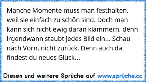 Manche Momente muss man festhalten, weil sie einfach zu schön sind. Doch man kann sich nicht ewig daran klammern, denn irgendwann staubt jedes Bild ein... Schau nach Vorn, nicht zurück. Denn auch da findest du neues Glück...