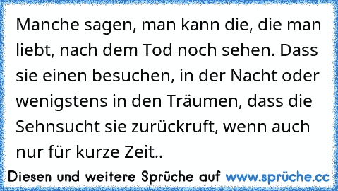 Manche sagen, man kann die, die man liebt, nach dem Tod noch sehen. Dass sie einen besuchen, in der Nacht oder wenigstens in den Träumen, dass die Sehnsucht sie zurückruft, wenn auch nur für kurze Zeit..