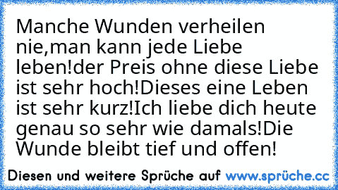 Manche Wunden verheilen nie,
man kann jede Liebe leben!
der Preis ohne diese Liebe ist sehr hoch!
Dieses eine Leben ist sehr kurz!
Ich liebe dich heute genau so sehr wie damals!
Die Wunde bleibt tief und offen!