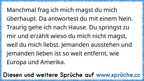 Manchmal frag ich mich magst du mich überhaupt. Da antwortest du mit einem Nein. Traurig gehe ich nach Hause. Du springst zu mir und erzählt wieso du mich nicht magst, weil du mich liebst. Jemanden ausstehen und jemanden lieben ist so weit entfernt, wie Europa und Amerika.