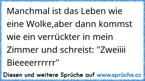 Manchmal ist das Leben wie eine Wolke,aber dann kommst wie ein verrückter in mein Zimmer und schreist: "Zweiiii Bieeeerrrrrr"