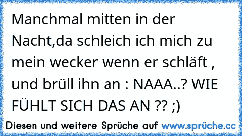 Manchmal mitten in der Nacht,da schleich ich mich zu mein wecker wenn er schläft , und brüll ihn an : NAAA..? WIE FÜHLT SICH DAS AN ?? ;)