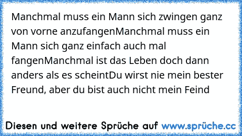 Manchmal muss ein Mann sich zwingen ganz von vorne anzufangen
Manchmal muss ein Mann sich ganz einfach auch mal fangen
Manchmal ist das Leben doch dann anders als es scheint
Du wirst nie mein bester Freund, aber du bist auch nicht mein Feind