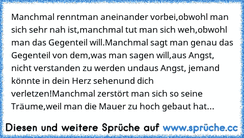 Manchmal rennt
man aneinander vorbei,
obwohl man sich sehr nah ist,
manchmal tut man sich weh,
obwohl man das Gegenteil will.
Manchmal sagt man genau das Gegenteil von dem,
was man sagen will,
aus Angst, nicht verstanden zu werden und
aus Angst, jemand könnte in dein Herz sehen
und dich verletzen!
Manchmal zerstört man sich so seine Träume,
weil man die Mauer zu hoch gebaut hat...