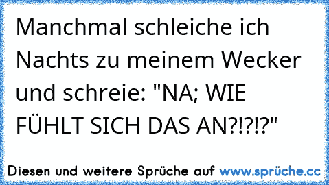 Manchmal schleiche ich Nachts zu meinem Wecker und schreie: "NA; WIE FÜHLT SICH DAS AN?!?!?"