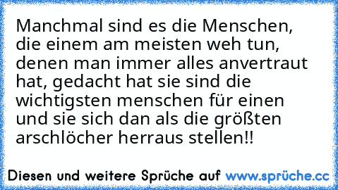 Manchmal sind es die Menschen, die einem am meisten weh tun, denen man immer alles anvertraut hat, gedacht hat sie sind die wichtigsten menschen für einen und sie sich dan als die größten arschlöcher herraus stellen!!