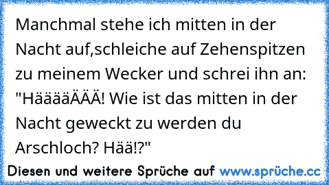 Manchmal stehe ich mitten in der Nacht auf,
schleiche auf Zehenspitzen zu meinem Wecker
 und schrei ihn an: "HääääÄÄÄ! Wie ist das mitten in der Nacht geweckt zu werden du Arschloch? Hää!?"