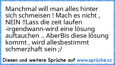 Manchmal will man alles hinter sich schmeisen ! Mach es nicht , NEIN !!
Lass die zeit laufen -irgendwann-
wird eine lösung auftauchen .. Aber
Bis diese lösung kommt , wird alles
bestimmt schmerzhaft sein ;/ 