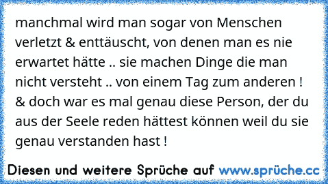 manchmal wird man sogar von Menschen verletzt & enttäuscht, von denen man es nie erwartet hätte .. sie machen Dinge die man nicht versteht .. von einem Tag zum anderen ! & doch war es mal genau diese Person, der du aus der Seele reden hättest können weil du sie genau verstanden hast !