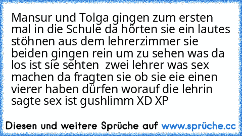 Mansur und Tolga gingen zum ersten mal in die Schule da hörten sie ein lautes stöhnen aus dem lehrerzimmer sie beiden gingen rein um zu sehen was da los ist sie sehten  zwei lehrer was sex machen da fragten sie ob sie eie einen vierer haben dürfen worauf die lehrin sagte sex ist gushlimm XD XP