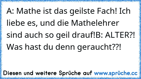 A: Mathe ist das geilste Fach! Ich liebe es, und die Mathelehrer sind auch so geil drauf!
B: ALTER?! Was hast du denn geraucht??!