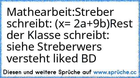 Mathearbeit:
Streber schreibt: (x= 2a+9b)
Rest der Klasse schreibt: siehe Streber
wers versteht liked BD