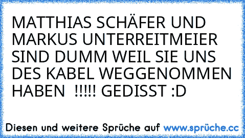 MATTHIAS SCHÄFER UND MARKUS UNTERREITMEIER SIND DUMM WEIL SIE UNS DES KABEL WEGGENOMMEN HABEN  !!!!! GEDISST :D