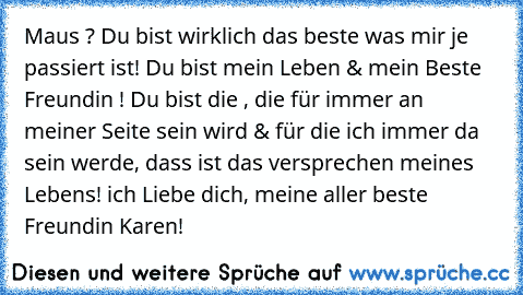 Maus ? Du bist wirklich das beste was mir je passiert ist! Du bist mein Leben & mein Beste Freundin ! Du bist die , die für immer an meiner Seite sein wird & für die ich immer da sein werde, dass ist das versprechen meines Lebens! ich Liebe dich, meine aller beste Freundin Karen! ♥