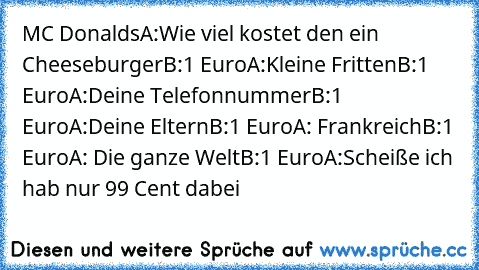 MC Donalds
A:Wie viel kostet den ein Cheeseburger
B:1 Euro
A:Kleine Fritten
B:1 Euro
A:Deine Telefonnummer
B:1 Euro
A:Deine Eltern
B:1 Euro
A: Frankreich
B:1 Euro
A: Die ganze Welt
B:1 Euro
A:Scheiße ich hab nur 99 Cent dabei