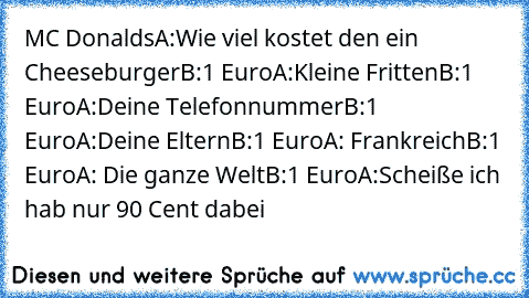 MC Donalds
A:Wie viel kostet den ein Cheeseburger
B:1 Euro
A:Kleine Fritten
B:1 Euro
A:Deine Telefonnummer
B:1 Euro
A:Deine Eltern
B:1 Euro
A: Frankreich
B:1 Euro
A: Die ganze Welt
B:1 Euro
A:Scheiße ich hab nur 90 Cent dabei