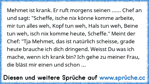 Mehmet ist krank. Er ruft morgens seinen ...... Chef an und sagt: "Scheffe, ische nix könne komme arbeite, mir tun alles weh, Kopf tun weh, Hals tun weh, Beine tun weh, isch nix komme heute, Scheffe." Meint der Chef: "Tja Mehmet, das ist natürlich scheisse, grade heute brauche ich dich dringend. Weisst Du was ich mache, wenn ich krank bin? Ich gehe zu meiner Frau, die bläst mir einen und schon ...