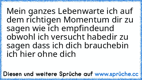 Mein ganzes Leben
warte ich auf dem richtigen Moment
um dir zu sagen wie ich empfinde
und obwohl ich versucht habe
dir zu sagen dass ich dich brauche
bin ich hier ohne dich 
♥