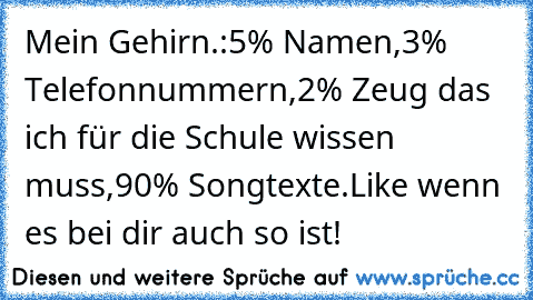 Mein Gehirn.:
5% Namen,
3% Telefonnummern,
2% Zeug das ich für die Schule wissen muss,
90% Songtexte.
Like wenn es bei dir auch so ist!♥