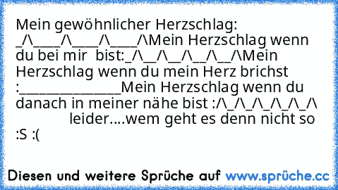 Mein gewöhnlicher Herzschlag:
 _/\____/\____/\____/\
Mein Herzschlag wenn du bei mir  bist:
_/\__/\__/\__/\__/\
Mein Herzschlag wenn du mein Herz brichst :
_______________
Mein Herzschlag wenn du danach in meiner nähe bist :
/\_/\_/\_/\_/\_/\                leider....
wem geht es denn nicht so :S :(