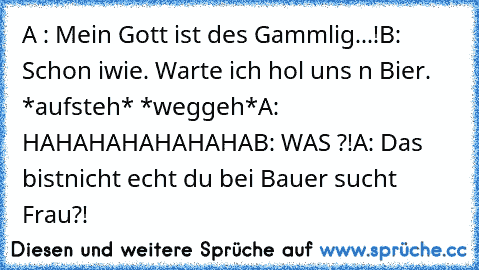 A : Mein Gott ist des Gammlig...!
B: Schon iwie. Warte ich hol uns n Bier. *aufsteh* *weggeh*
A: HAHAHAHAHAHAHA
B: WAS ?!
A: Das bistnicht echt du bei Bauer sucht Frau?!