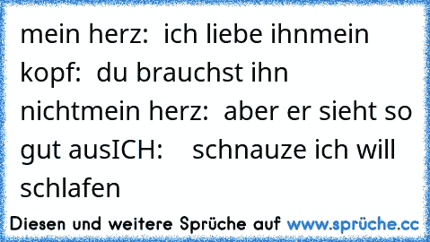 mein herz:  ich liebe ihn
mein kopf:  du brauchst ihn nicht
mein herz:  aber er sieht so gut aus
ICH:    schnauze ich will schlafen