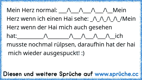 Mein Herz normal: ___/\___/\___/\___/\__
Mein Herz wenn ich einen Hai sehe: _/\_/\_/\_/\_/
Mein Herz wenn der Hai mich auch gesehen hat:
__________/\________/\___/\___/\___/\__
ich musste nochmal rülpsen, daraufhin hat der hai  mich wieder ausgespuckt! :)