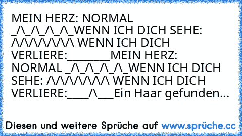 MEIN HERZ: NORMAL _/\_/\_/\_/\_
WENN ICH DICH SEHE: /\/\/\/\/\/\/\ ♥
WENN ICH DICH VERLIERE:________
MEIN HERZ: NORMAL _/\_/\_/\_/\_
WENN ICH DICH SEHE: /\/\/\/\/\/\/\ ♥
WENN ICH DICH VERLIERE:____/\___
Ein Haar gefunden...