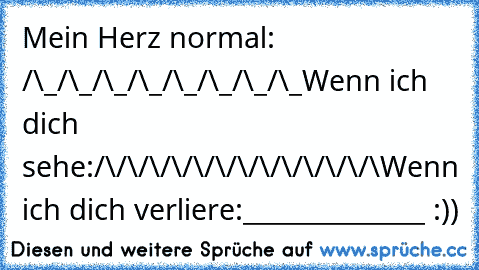 Mein Herz normal: /\_/\_/\_/\_/\_/\_/\_/\_
Wenn ich dich sehe:/\/\/\/\/\/\/\/\/\/\/\/\/\
Wenn ich dich verliere:______________
♥ :))