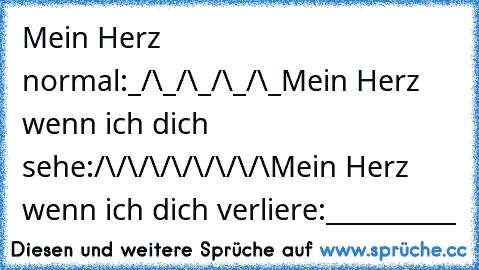 Mein Herz normal:
_/\_/\_/\_/\_
Mein Herz wenn ich dich sehe:
/\/\/\/\/\/\/\/\
Mein Herz wenn ich dich verliere:
__________