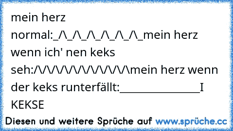 mein herz normal:
_/\_/\_/\_/\_/\_/\_
mein herz wenn ich' nen keks seh:
/\/\/\/\/\/\/\/\/\/\/\
mein herz wenn der keks runterfällt:
_______________
I ♥ KEKSE