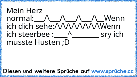 Mein Herz normal:
___/\___/\___/\___/\__
Wenn ich dich sehe:
/\/\/\/\/\/\/\/\
Wenn ich steerbee :
____^________ sry ich musste Husten ;D