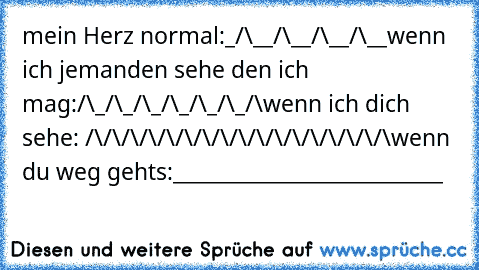 mein Herz normal:
_/\__/\__/\__/\__
wenn ich jemanden sehe den ich mag:
/\_/\_/\_/\_/\_/\_/\
wenn ich dich sehe:
 /\/\/\/\/\/\/\/\/\/\/\/\/\/\/\/\/\
wenn du weg gehts:
___________________________