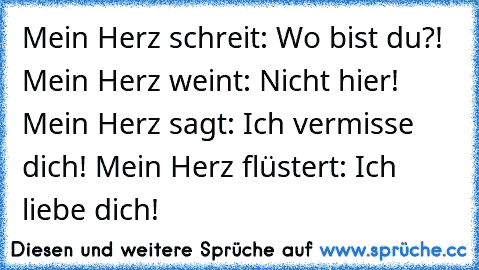 Mein Herz schreit: Wo bist du?! Mein Herz weint: Nicht hier! Mein Herz sagt: Ich vermisse dich! Mein Herz flüstert: Ich liebe dich!