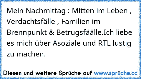 Mein Nachmittag : Mitten im Leben , Verdachtsfälle , Familien im Brennpunkt & Betrugsfäälle.
Ich liebe es mich über Asoziale und RTL lustig zu machen.