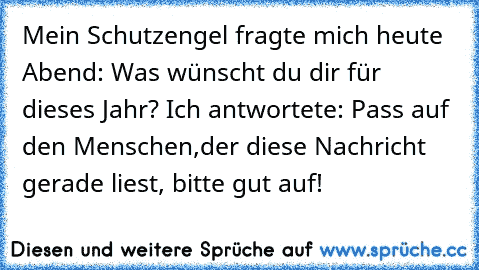 Mein Schutzengel fragte mich heute Abend: Was wünscht du dir für dieses Jahr? Ich antwortete: Pass auf den Menschen,der diese Nachricht gerade liest, bitte gut auf!