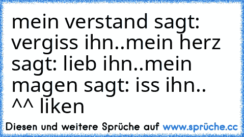 mein verstand sagt: vergiss ihn..
mein herz sagt: lieb ihn..
mein magen sagt: iss ihn.. 
^^ liken♥