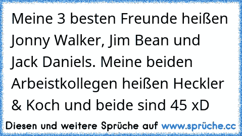 Meine 3 besten Freunde heißen Jonny Walker, Jim Bean und Jack Daniels. Meine beiden Arbeistkollegen heißen Heckler & Koch und beide sind 45 xD