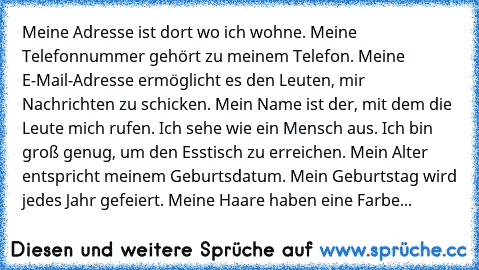 Meine Adresse ist dort wo ich wohne. Meine Telefonnummer gehört zu meinem Telefon. Meine E-Mail-Adresse ermöglicht es den Leuten, mir Nachrichten zu schicken. Mein Name ist der, mit dem die Leute mich rufen. Ich sehe wie ein Mensch aus. Ich bin groß genug, um den Esstisch zu erreichen. Mein Alter entspricht meinem Geburtsdatum. Mein Geburtstag wird jedes Jahr gefeiert. Meine Haare haben eine Fa...