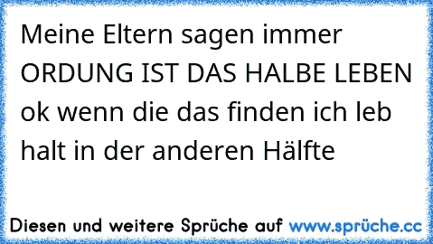 Meine Eltern sagen immer ORDUNG IST DAS HALBE LEBEN ok wenn die das finden ich leb halt in der anderen Hälfte