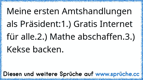 Meine ersten Amtshandlungen als Präsident:
1.) Gratis Internet für alle.
2.) Mathe abschaffen.
3.) Kekse backen.