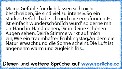 Meine Gefühle für dich lassen sich nicht beschreiben,
Sie sind viel zu intensiv.
So ein starkes Gefühl habe ich noch nie empfunden,
Es ist einfach wunderschön!
Ich würd' so gerne mit dir Hand in Hand gehen,
Dir in deine schönen Augen sehen.
Deine Stimme wirkt auf mich ein,
Wie ein traumhafter Frühlingstag,
An dem die Natur erwacht und die Sonne scheint.
Die Luft ist angenehm warm und zugleich f...