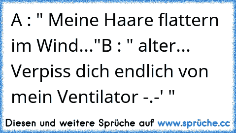 A : " Meine Haare flattern im Wind..."
B : " alter... Verpiss dich endlich von mein Ventilator -.-' "