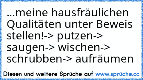 ...meine hausfräulichen Qualitäten unter Beweis stellen!
-> putzen
-> saugen
-> wischen
-> schrubben
-> aufräumen