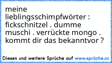 meine lieblingsschimpfwörter : fickschnitzel . dumme muschi . verrückte mongo . kommt dir das bekanntvor ?