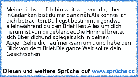 Meine Liebste...
Ich bin weit weg von dir, aber in
Gedanken bist du mir ganz nah.
Als könnte ich dich betrachten.
Du liegst bestimmt irgendwo allein
während du den Brief liest.
Alles um dich herum ist von dir
geblendet.
Die Himmel breitet sich über dich
und spiegelt sich in deinen Augen.
Sehe dich aufmerksam um...
und hebe den Blick von dem Brief.
Die ganze Welt sollte dein Gesicht
sehen.