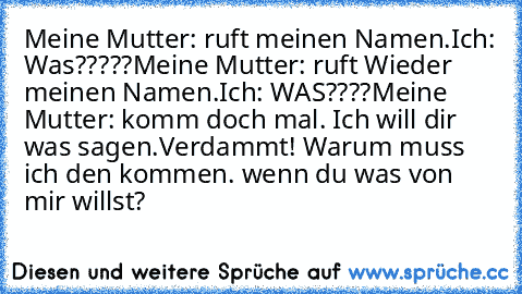 Meine Mutter: ruft meinen Namen.
Ich: Was?????
Meine Mutter: ruft Wieder meinen Namen.
Ich: WAS????
Meine Mutter: komm doch mal. Ich will dir was sagen.
Verdammt! Warum muss ich den kommen. wenn du was von mir willst?