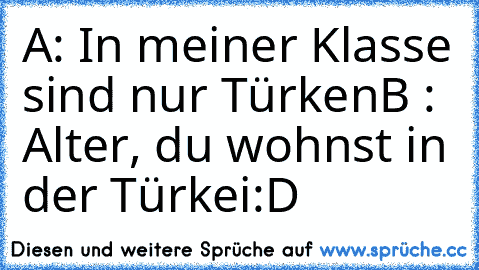 A: In meiner Klasse sind nur Türken
B : Alter, du wohnst in der Türkei
:D