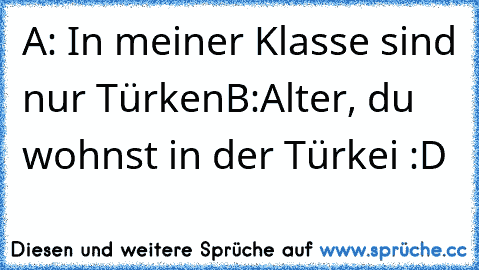 A: In meiner Klasse sind nur Türken
B:Alter, du wohnst in der Türkei :D