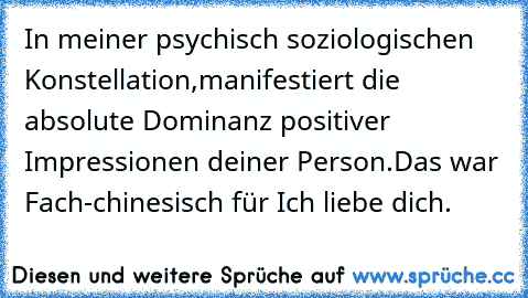 In meiner psychisch soziologischen Konstellation,manifestiert die absolute Dominanz positiver Impressionen deiner Person.
Das war Fach-chinesisch für Ich liebe dich.